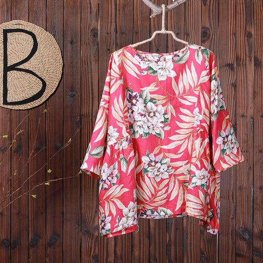 Women Spring Floral Three Quarter Sleeve Casual Loose Shirt