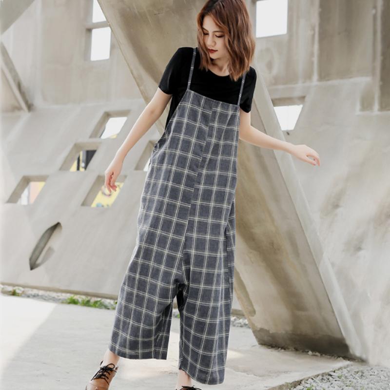 Women Spring Plaid Loose Casual Jumpsuit