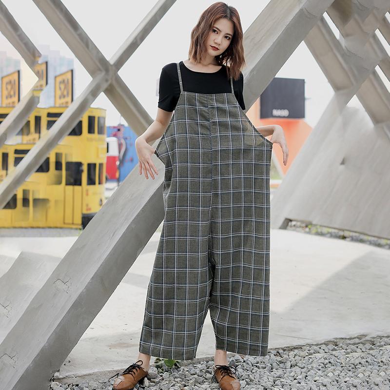 Women Spring Plaid Loose Casual Jumpsuit