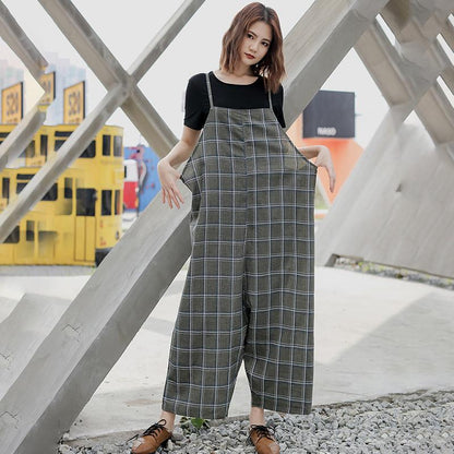 Women Spring Plaid Loose Casual Jumpsuit