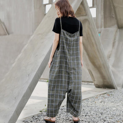 Women Spring Plaid Loose Casual Jumpsuit