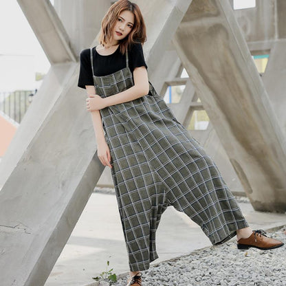 Women Spring Plaid Loose Casual Jumpsuit