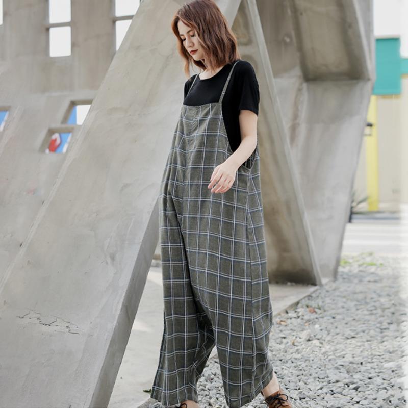 Women Spring Plaid Loose Casual Jumpsuit