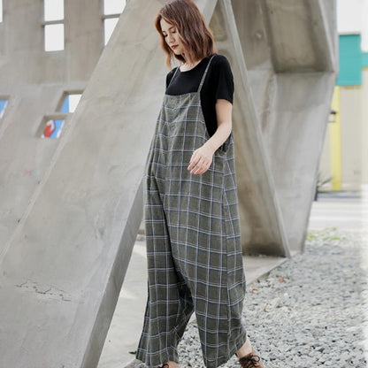 Women Spring Plaid Loose Casual Jumpsuit