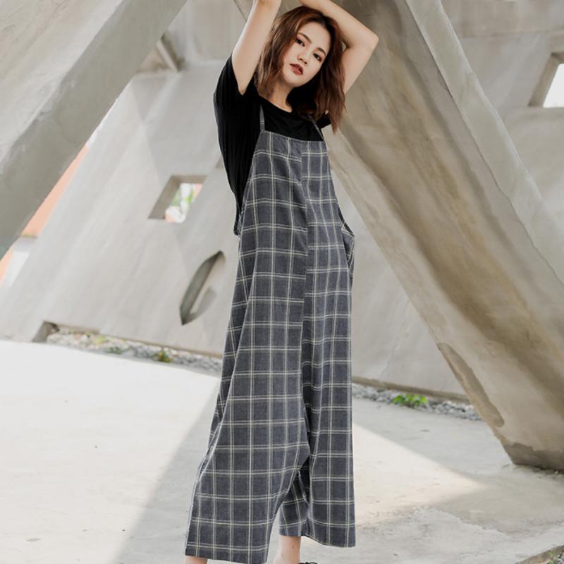 Women Spring Plaid Loose Casual Jumpsuit