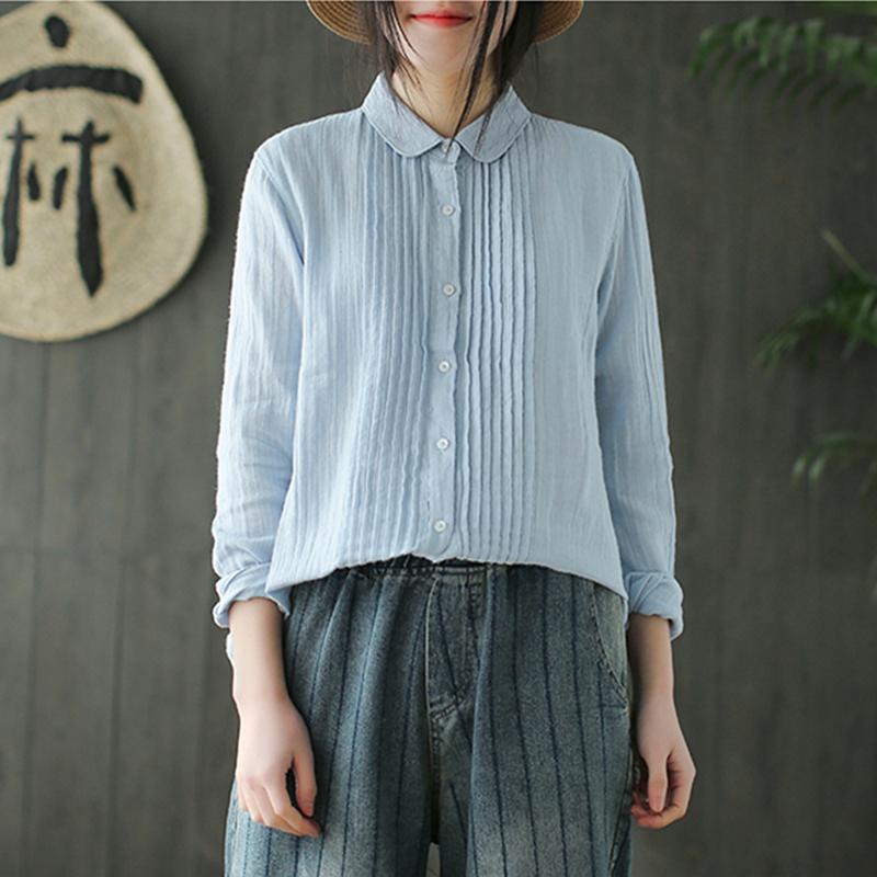 Women Spring Pleated Solid Vintage Cotton Yarn Shirt