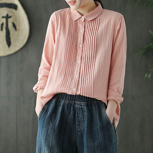 Women Spring Pleated Solid Vintage Cotton Yarn Shirt