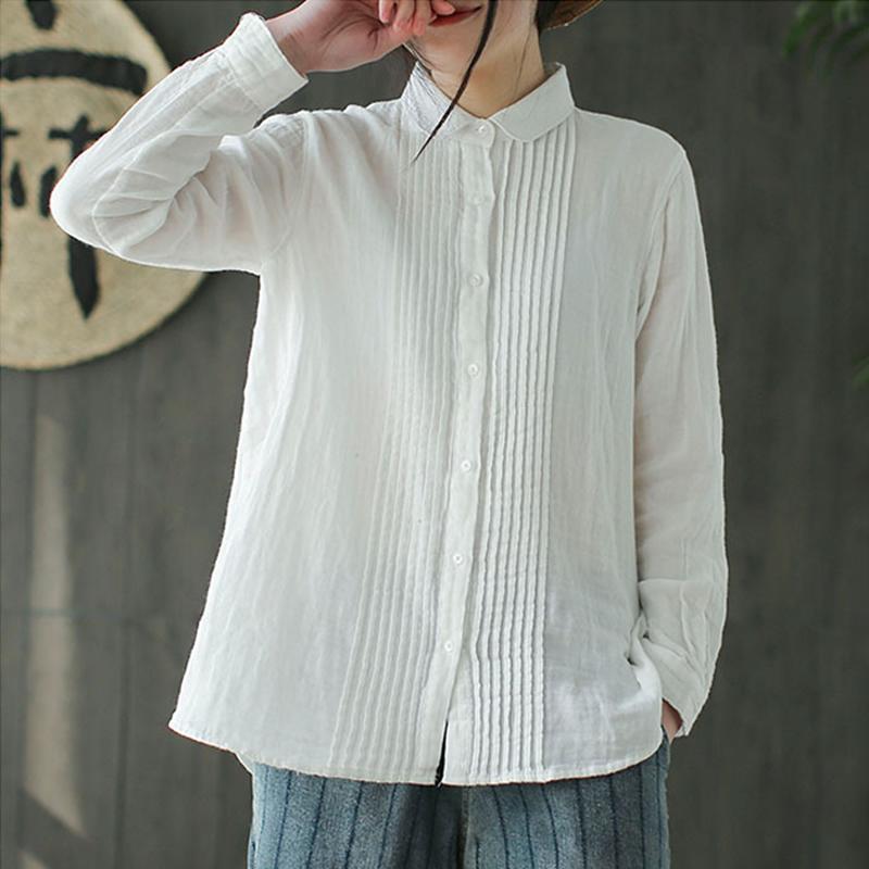 Women Spring Pleated Solid Vintage Cotton Yarn Shirt