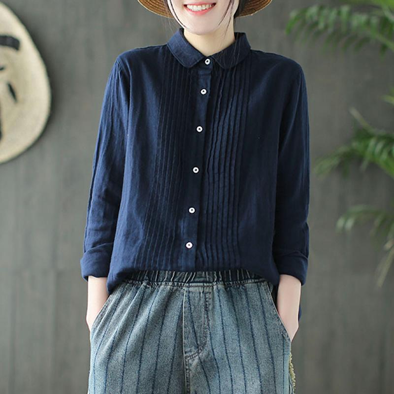Women Spring Pleated Solid Vintage Cotton Yarn Shirt