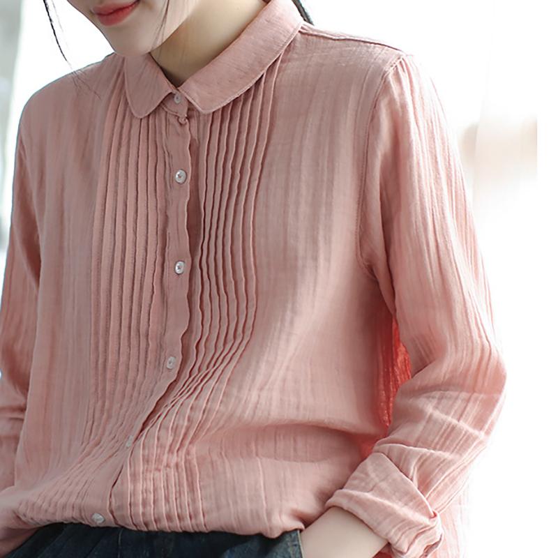 Women Spring Pleated Solid Vintage Cotton Yarn Shirt