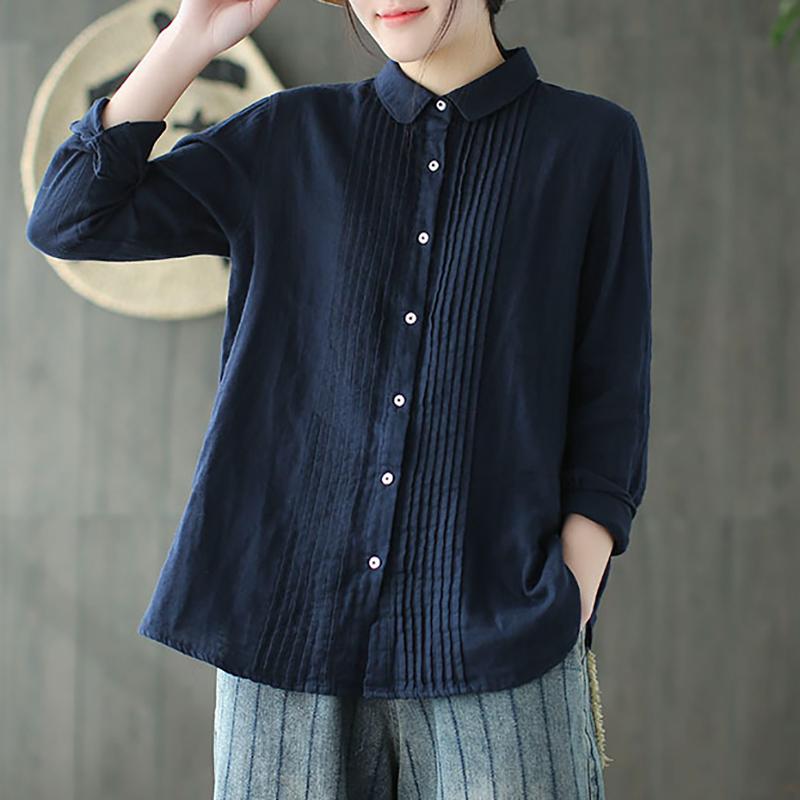 Women Spring Pleated Solid Vintage Cotton Yarn Shirt