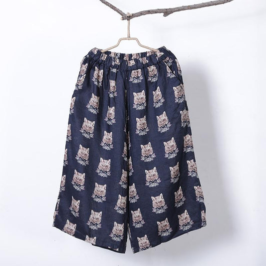 Women Spring Print Casual Wide Leg Pants Calf Length Pants