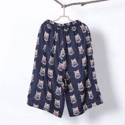 Women Spring Print Casual Wide Leg Pants Calf Length Pants