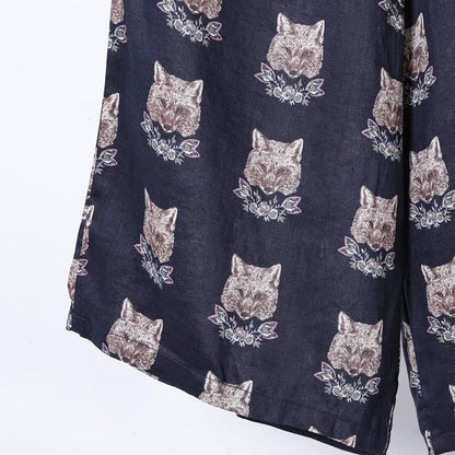 Women Spring Print Casual Wide Leg Pants Calf Length Pants