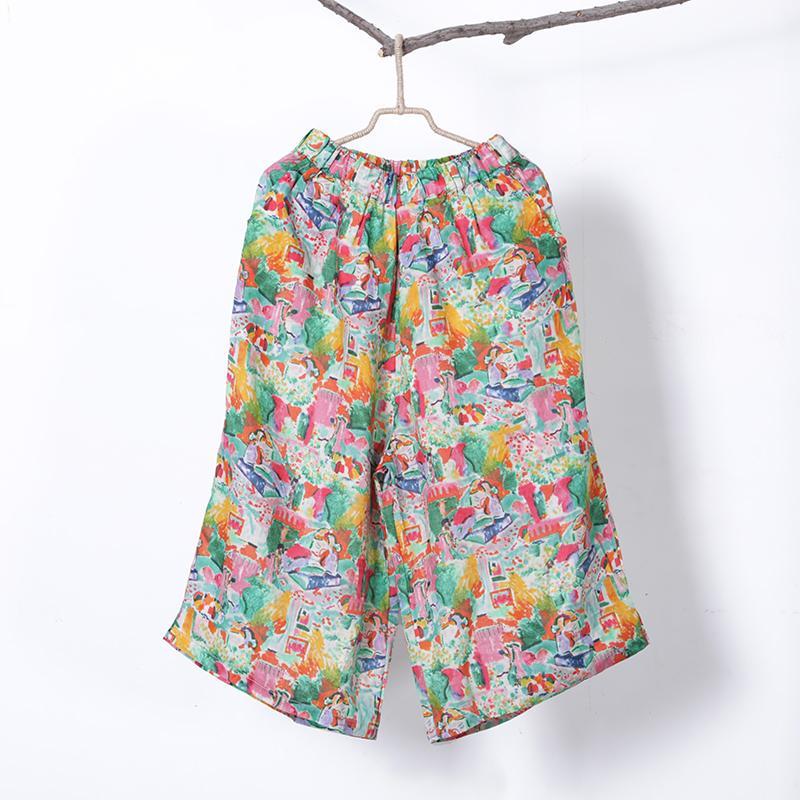 Women Spring Print Casual Wide Leg Pants Calf Length Pants