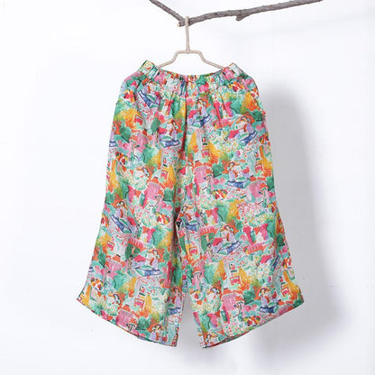 Women Spring Print Casual Wide Leg Pants Calf Length Pants