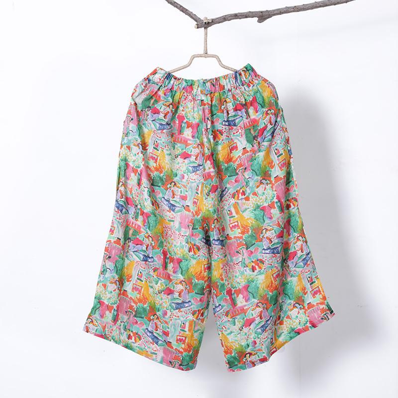 Women Spring Print Casual Wide Leg Pants Calf Length Pants