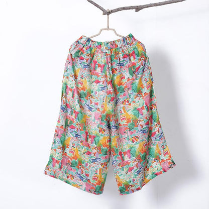 Women Spring Print Casual Wide Leg Pants Calf Length Pants