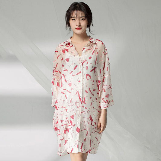 Women Spring Printing Plus Size Cardigan Red Dress