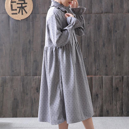 Women Spring Small Dot Petal Sleeve Literary Dress