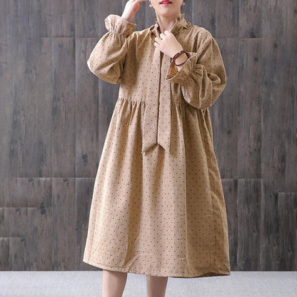 Women Spring Small Dot Petal Sleeve Literary Dress