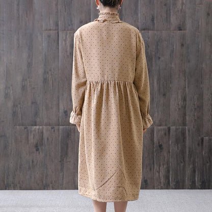 Women Spring Small Dot Petal Sleeve Literary Dress
