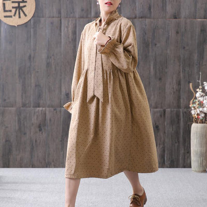 Women Spring Small Dot Petal Sleeve Literary Dress