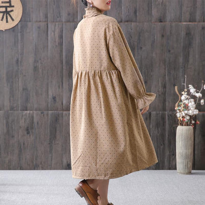 Women Spring Small Dot Petal Sleeve Literary Dress