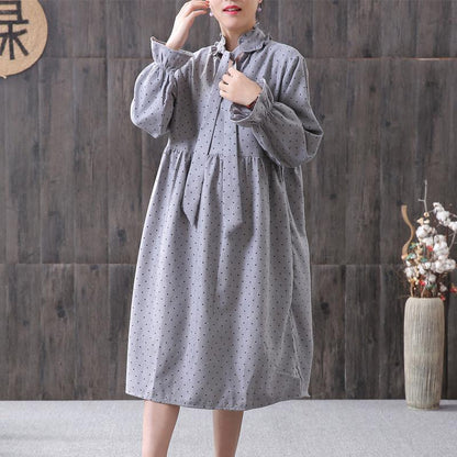 Women Spring Small Dot Petal Sleeve Literary Dress