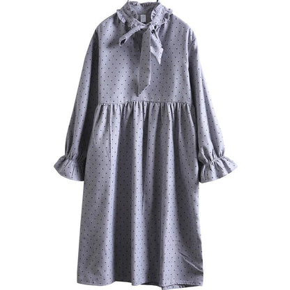 Women Spring Small Dot Petal Sleeve Literary Dress