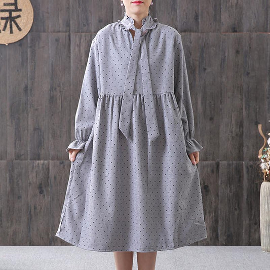Women Spring Small Dot Petal Sleeve Literary Dress