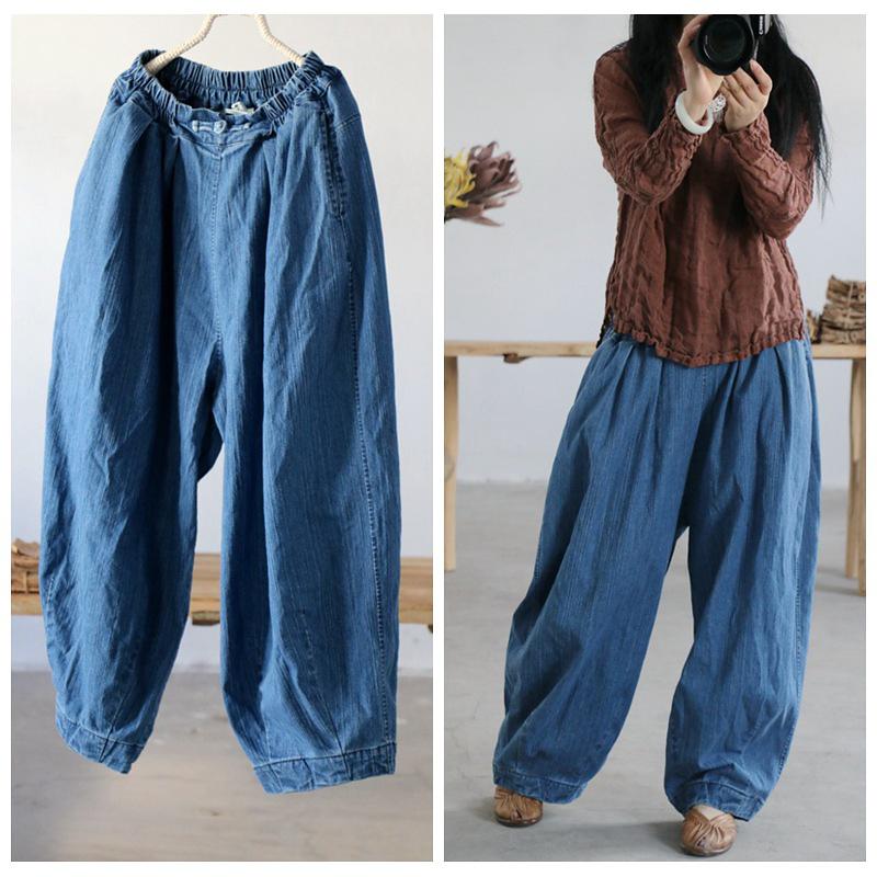 Women Spring Solid Frog Loose Bloomers Jeans