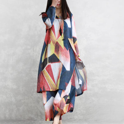 Women Spring Two Piece Set Ramie Abstract Printing Suit