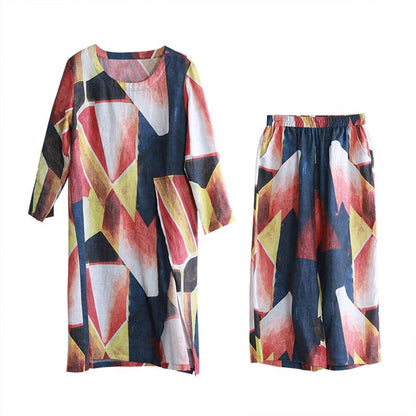 Women Spring Two Piece Set Ramie Abstract Printing Suit