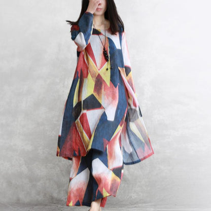 Women Spring Two Piece Set Ramie Abstract Printing Suit