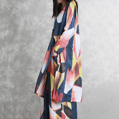 Women Spring Two Piece Set Ramie Abstract Printing Suit
