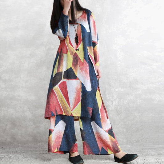 Women Spring Two Piece Set Ramie Abstract Printing Suit