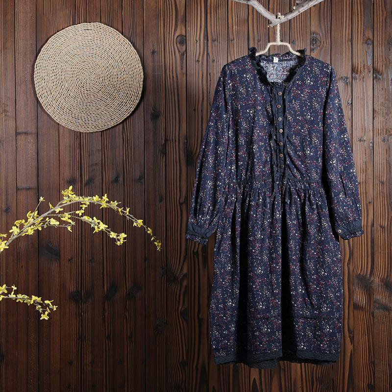 Women Spring Vintage Floral Mid-Calf Pullover Loose Long Sleeve Dress