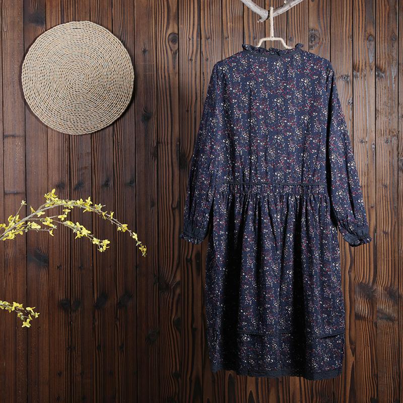 Women Spring Vintage Floral Mid-Calf Pullover Loose Long Sleeve Dress