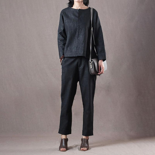 Women Spring Vintage Solid Straight Long Sleeve Cardigan Sets