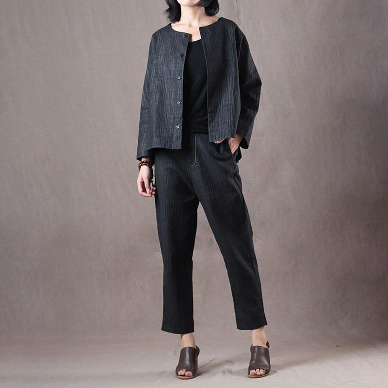 Women Spring Vintage Solid Straight Long Sleeve Cardigan Sets