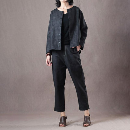 Women Spring Vintage Solid Straight Long Sleeve Cardigan Sets
