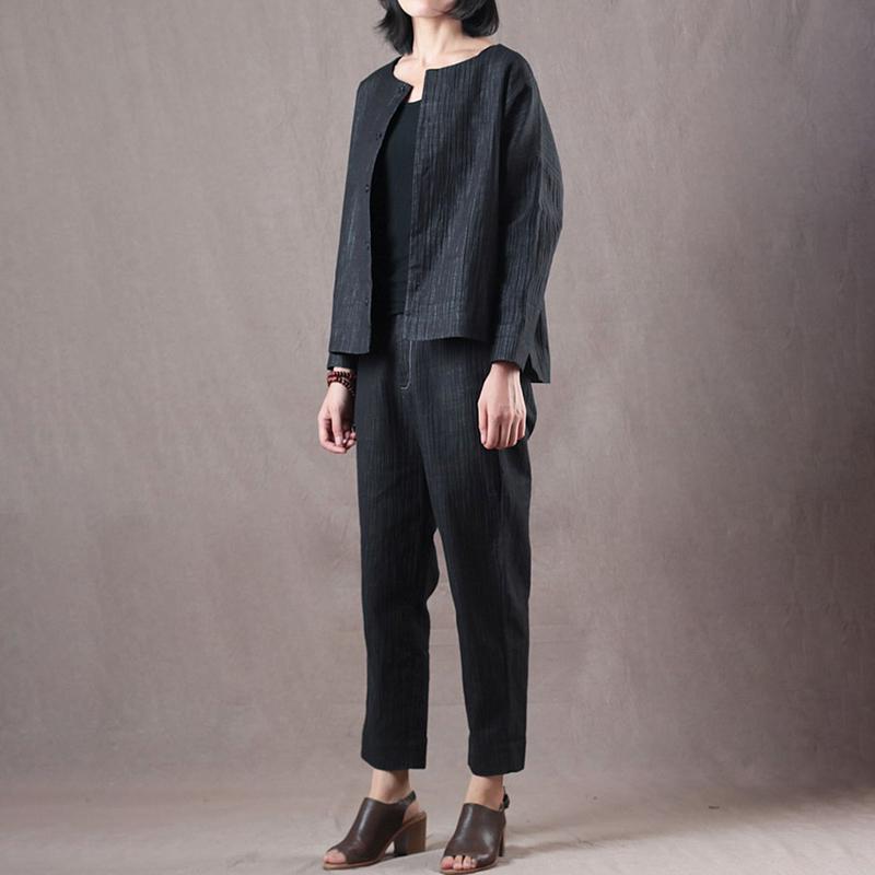 Women Spring Vintage Solid Straight Long Sleeve Cardigan Sets