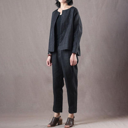 Women Spring Vintage Solid Straight Long Sleeve Cardigan Sets