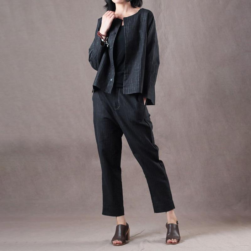 Women Spring Vintage Solid Straight Long Sleeve Cardigan Sets