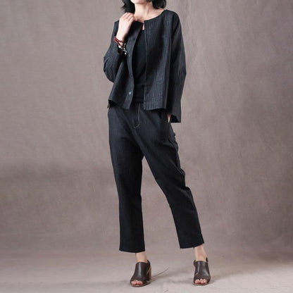 Women Spring Vintage Solid Straight Long Sleeve Cardigan Sets