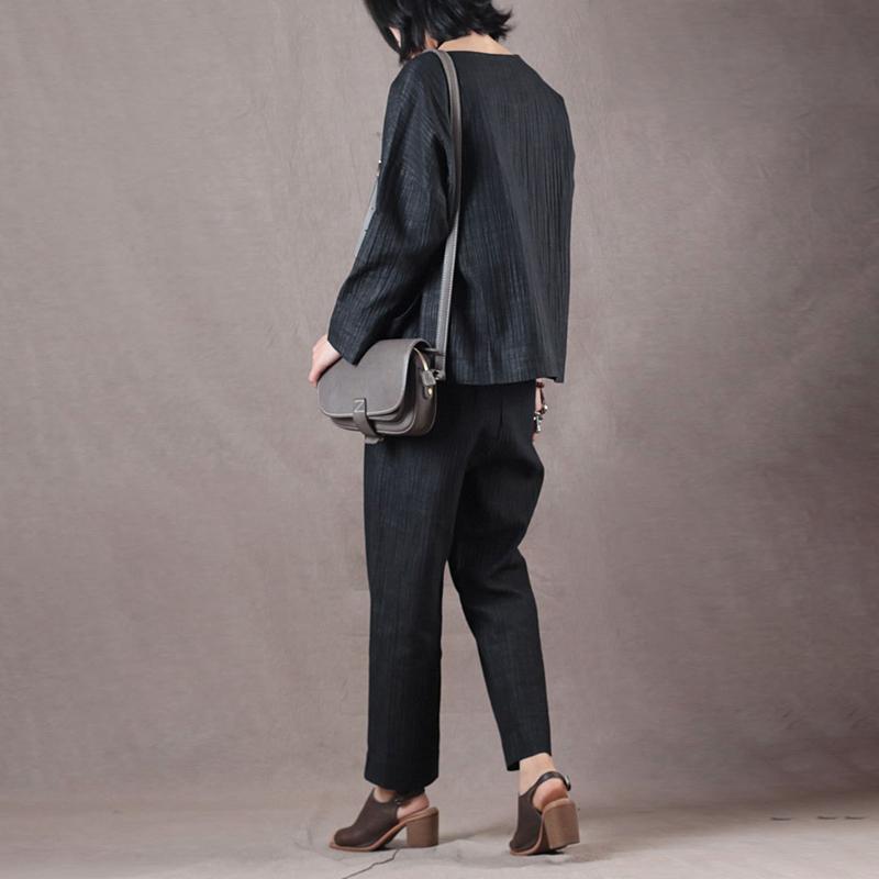 Women Spring Vintage Solid Straight Long Sleeve Cardigan Sets