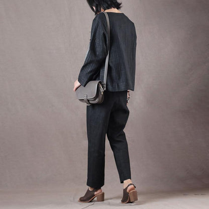 Women Spring Vintage Solid Straight Long Sleeve Cardigan Sets