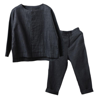 Women Spring Vintage Solid Straight Long Sleeve Cardigan Sets