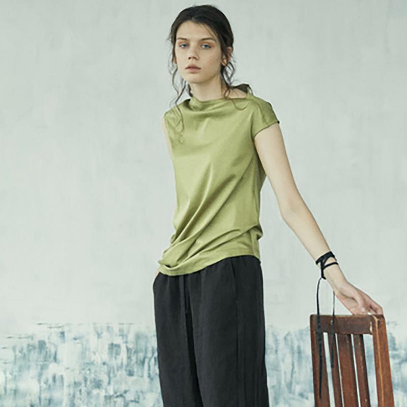 Women Summer Short Sleeve Asymmetric T-shirt In Green